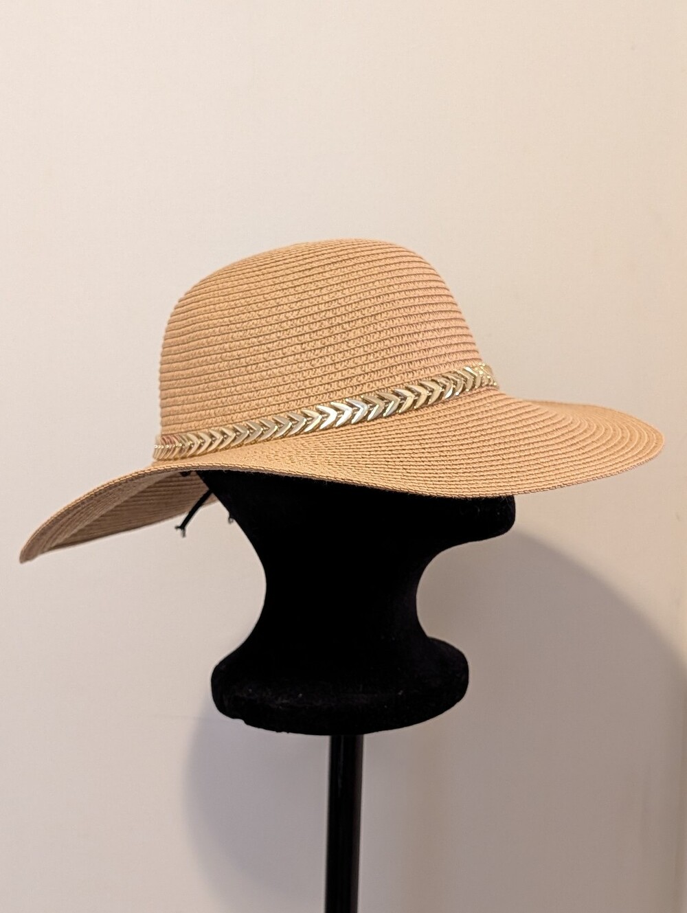 Wide Brim Straw Sun Hat with Metallic Leaf Band - Beige - Picture 2 of 5